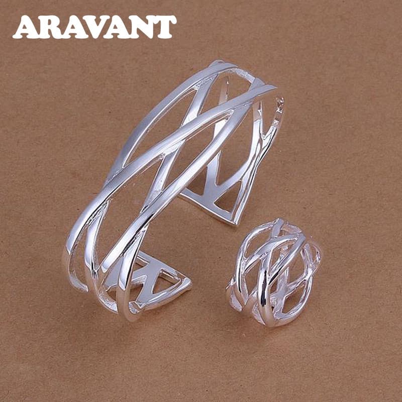 Conjunto de Anel e Pulseira Aberta Geométrica em Prata 925 Aravant, Ideal para Joias de Casamento Femininas SKKB