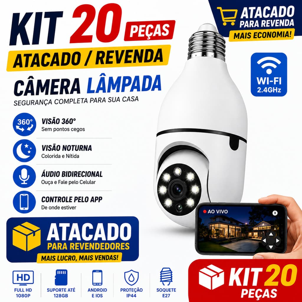 KIT20 Atacado Câmera de Segurança Lâmpada Wi-Fi 360° 1080P HD Visão Noturna Sensor Movimento Áudio Bidirecional Monitor