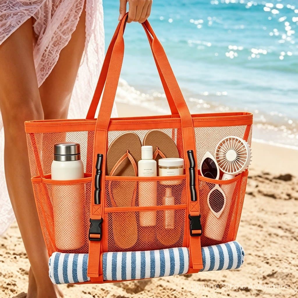 Bolsa de malha com múltiplos compartimentos, bolsa de praia de malha, bolsa de malha para natação e fitness ao ar livre,