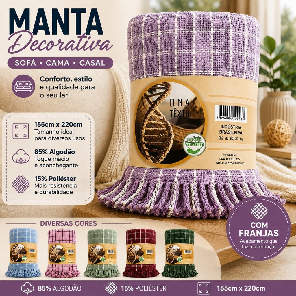 Manta Decorativa Sofá Cama Casal 155x220cm 85% Algodão 15% Poliéster com Franjas Xadrez Diversas Cores