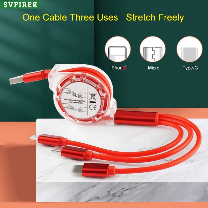 Cabo USB Retrátil 3 Em 1 , Linha De Dados De Carregamento Rápido Ajustável De Três Cabeças Para Celular