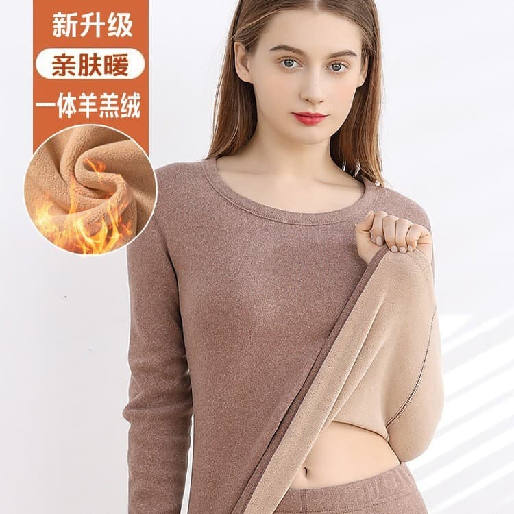 Forro de lã com gola redonda, conjunto de roupa íntima térmica espessada para mulheres, forro de lã, roupas de outono, c