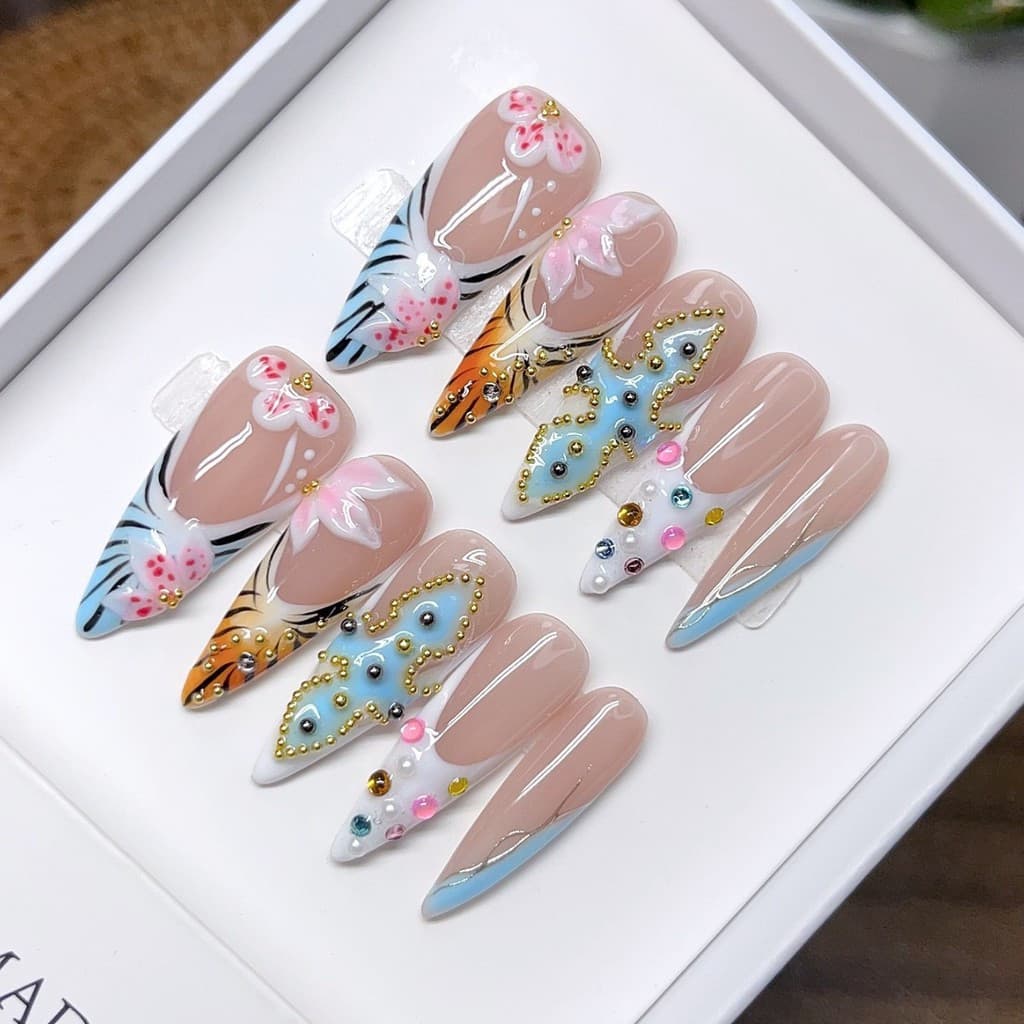 Manicure luxuosa de olho de gato |   Escultura de flor 3D feita à mão em estilo ocidental, com decoração de pérolas