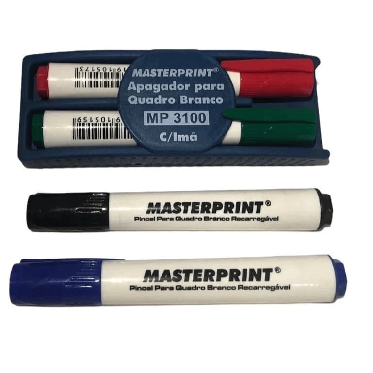 Kit 4 Pincel Para Quadro Branco Diversas Cores Recarregável + Apagador Quadro Branco Masterprint