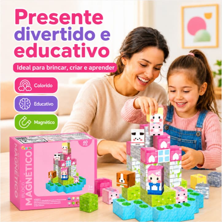 60 Blocos Magnéticos de Montar Infantil Brinquedo Educativo Construção Criativa Peças Imãs 3+ Anos
