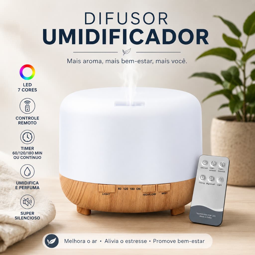 Difusor de Aromas Umidificador Ultrassônico 500ml com Controle Remoto LED 7 Cores Timer Aromaterapia
