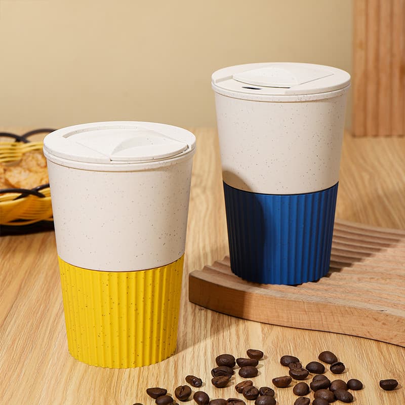 Xícara De Café De Palha De Trigo Ecológica 12.7 Cm Resistente Ao Calor Caneca De Viagem Tampa Espiral Amarelo Azul 2 Cor