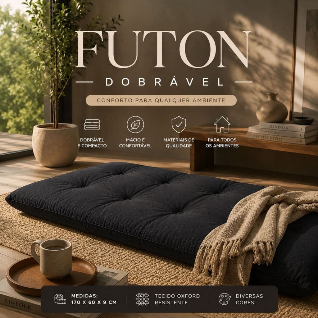 Futon Dobrável Solteiro 170x60x9cm Colchonete Multiuso Confortável Oxford Premium para Sala Camping e Descanso