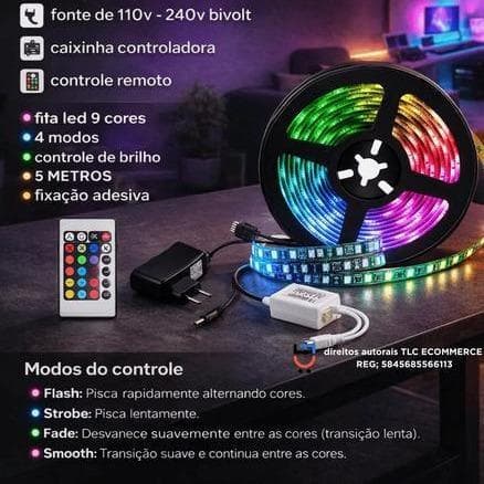 Fita LED RGB 2835 5 Metros com Controle Alimentada por Fonte Bivolt IP65 Mudança Inteligente de Cores RGB Festas