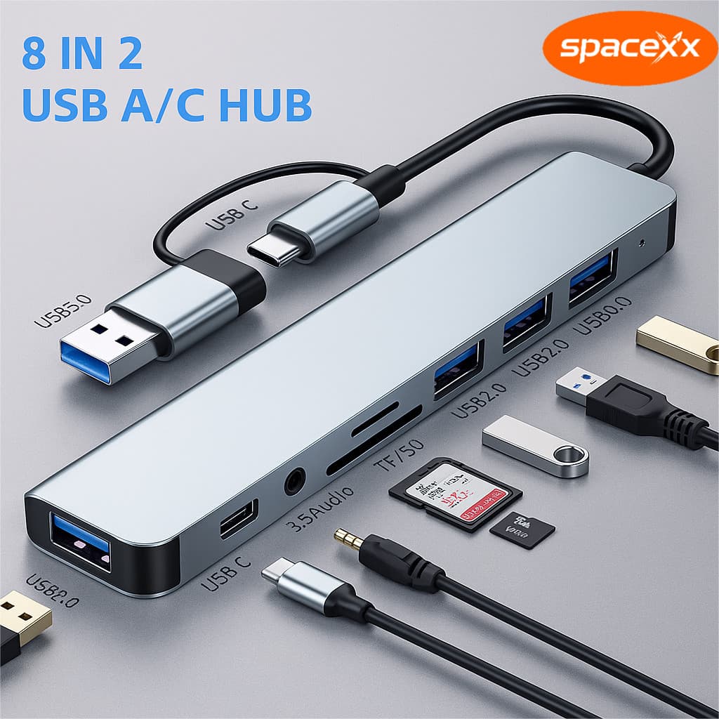 Hub USB Tipo C Extensor 8 em 1 com Adaptador USB Multiportas 3.0 2.0 SD TF-Spacexx