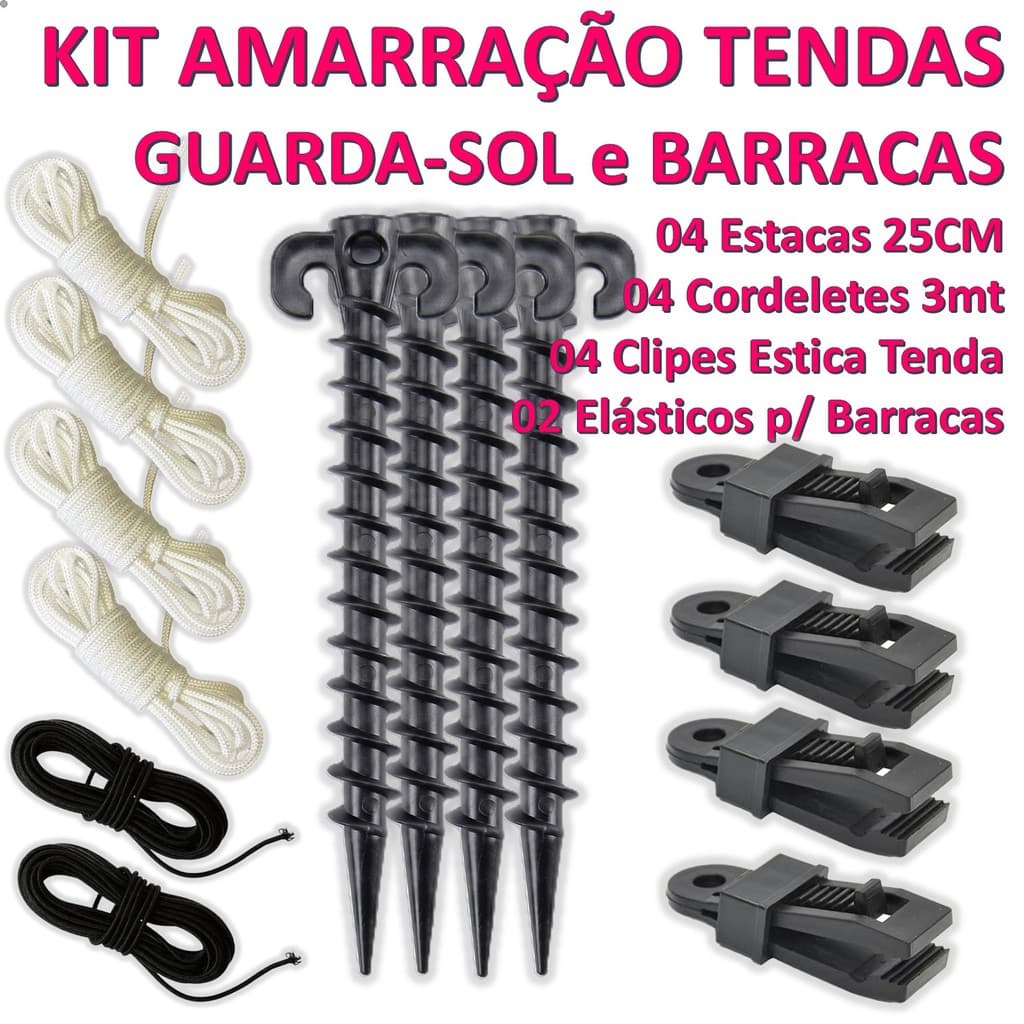 Kit 4 Estacas (MOD200685) + 4 Cordas + 2 Elásticos + 4 Garra Jacaré p/ Gazebo Barracas Gancho Praia Camping Cor:Preto