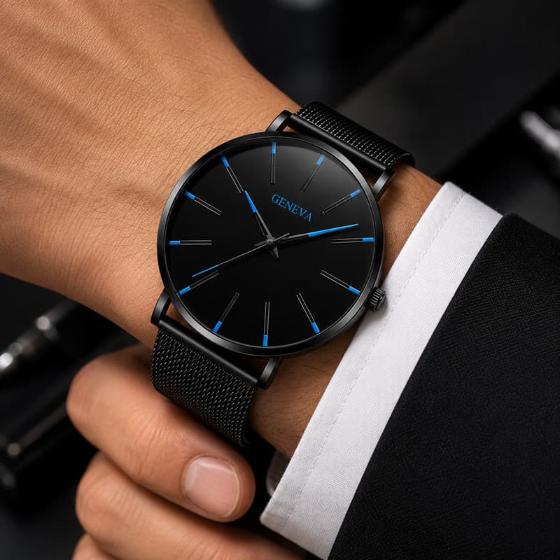 Relógio Masculino Preto Minimalista Malha Milanesa Analógico Social Casual Elegante Presente