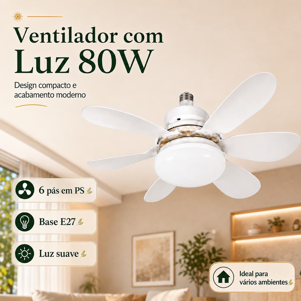 Ventilador de Teto LED Silencioso com Luz Regulável 2 em 1, Controle Remoto Bivolt E27 60W para Quarto e Sala