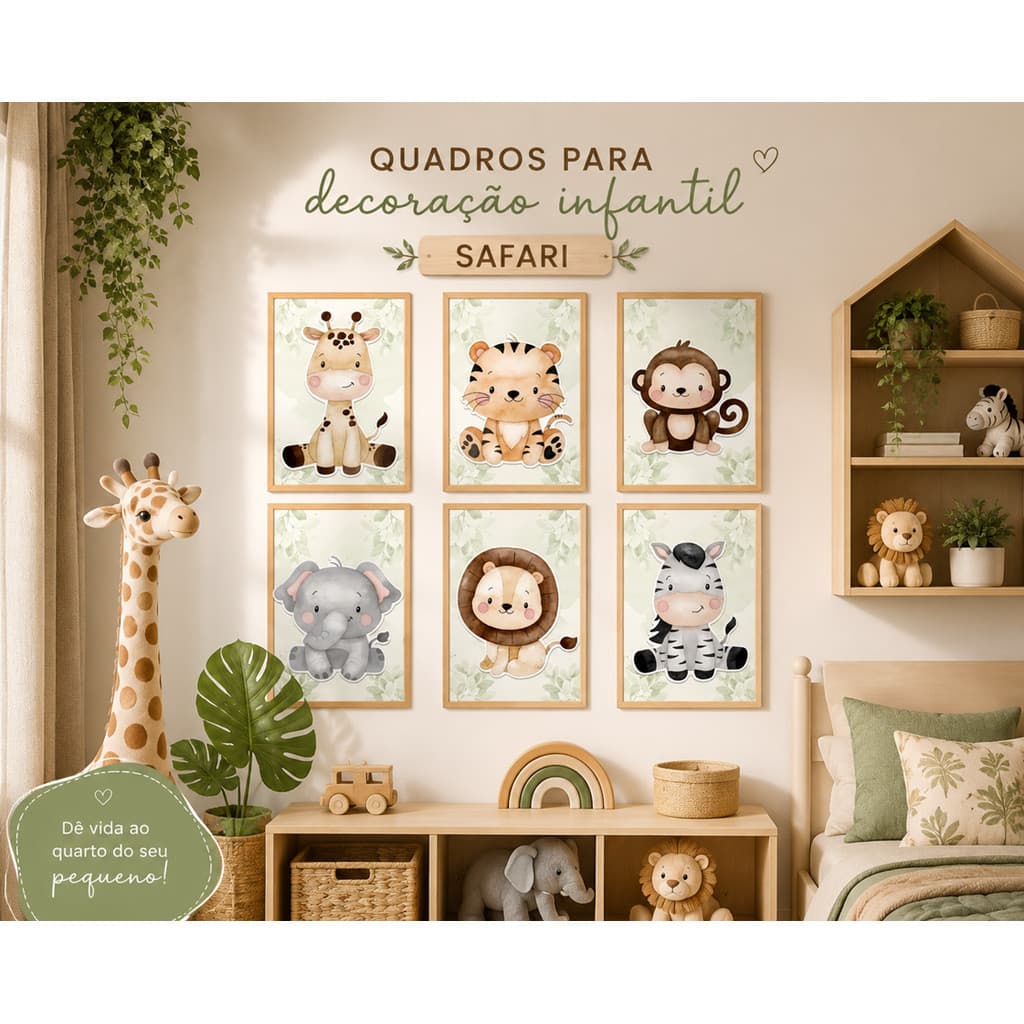 Kit 4 ou 6 Quadros Decorativos Safari Aquarela Infantil Bebe Quarto Menino Menina Placas Decorativas