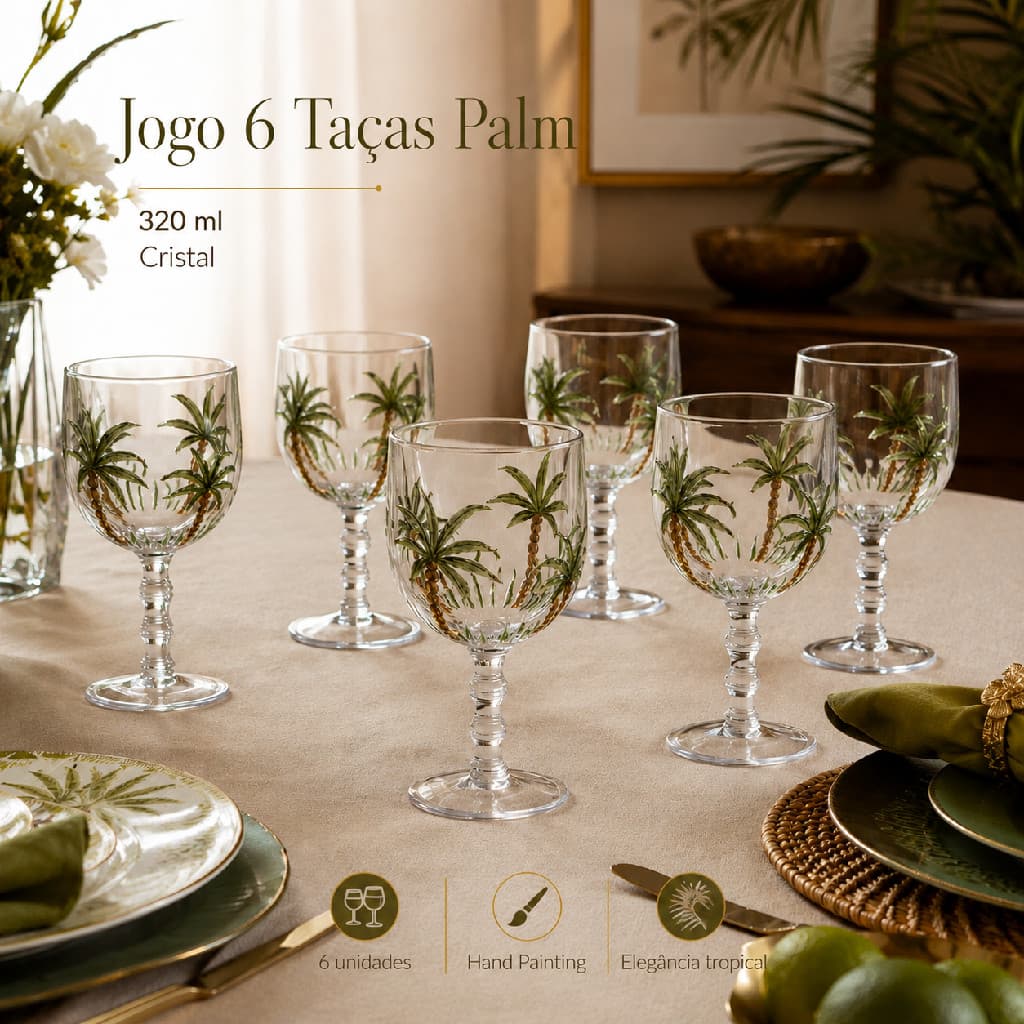 Jogo 6 Taças Lyor Palm Pintada A Mão Coqueiro Palmeira Transparente Mesa Posta Requintada Luxo Conjunto Kit Piscina