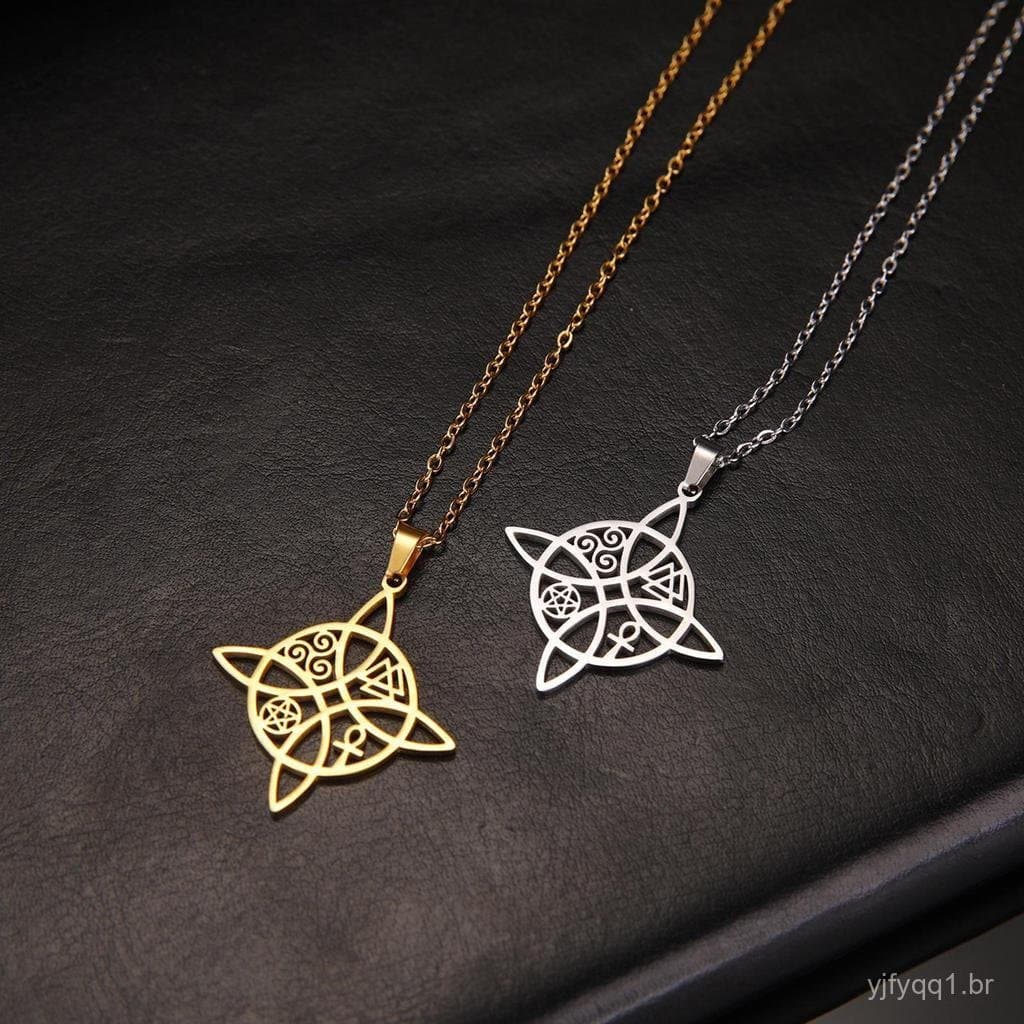 Colar de Bruxaria para Mulheres, Gargantilha de Aço Inoxidável, Joia com Cruz de Três Pontas, Ankh e Pentagrama