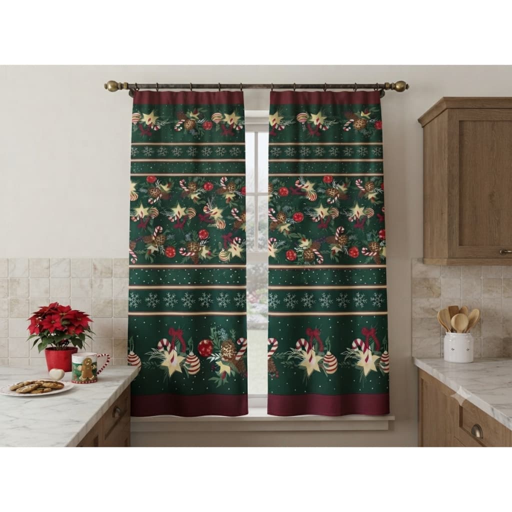 Cortina de cozinha para varão estampa de natal 2m X 1,5m Dourada, Verde e Vermelha Estampada natalina