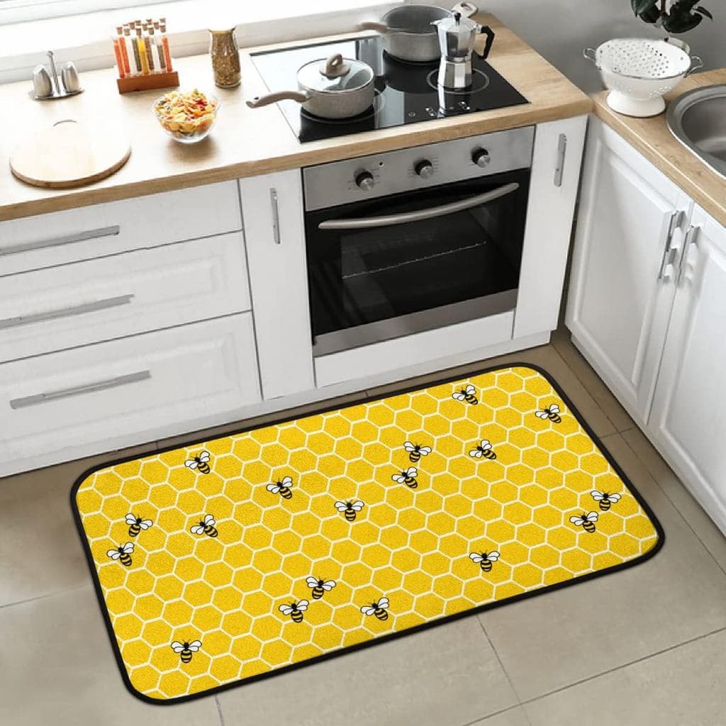 Tapete de Cozinha Almofadado Anti-Fadiga em Formato de Colmeia, Tapete de Cozinha Antiderrapante Amarelo com Estampa de