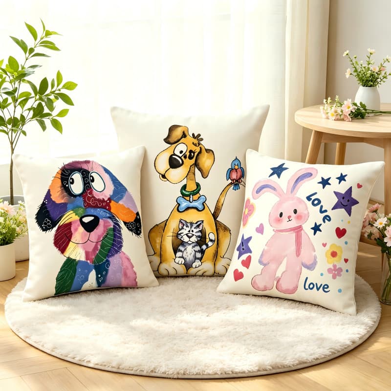 Almofada 45x45cm Frente Única Estampada com Tema Animal e Laço, Poliéster, Enchimento Incluído para Decoração de Ambient