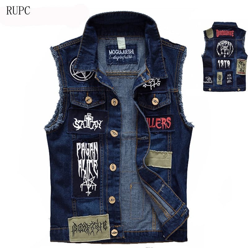 Jaquetas Vintage, Jeans, Colete Sem Mangas, Designs em Patchwork, Estilo Punk Fashion, Estilo Cowboy, Jeans Rasgados e D