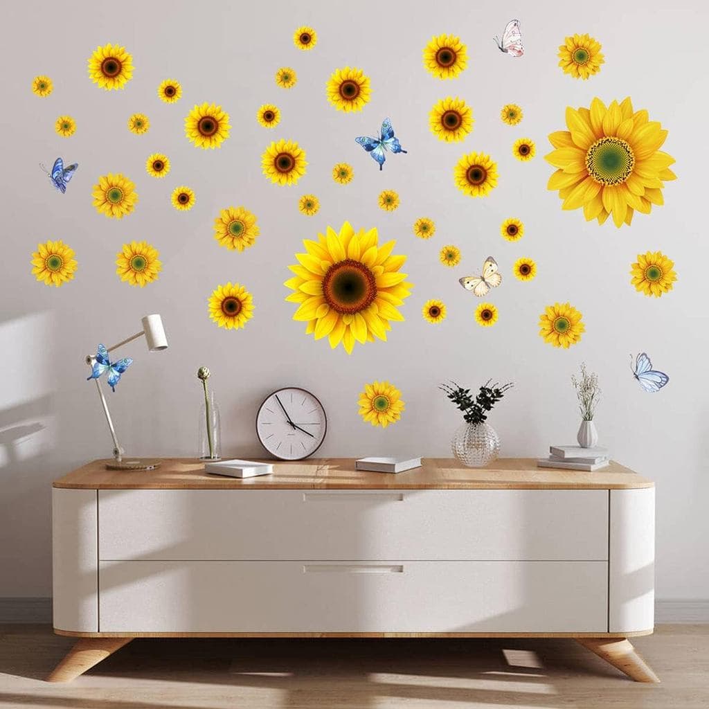 Adesivos de Parede de Girassol com Borboleta 3D, Decalques de Parede de Flor Amarela Removíveis, Decoração de Girassol à