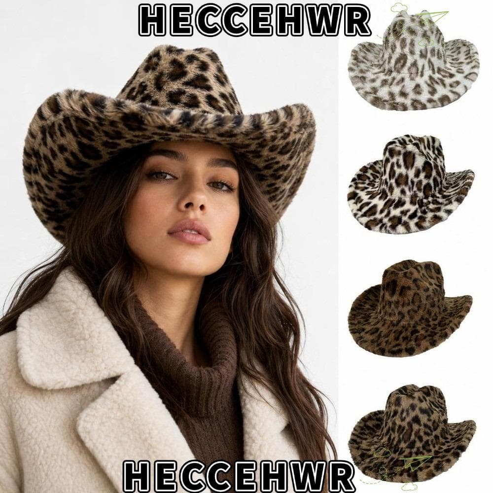 Chapéu De Cowboy Leopardo , Ocidental De Pele Sintética De Aba Larga Felpuda Fedora De Macio De Pelúcia Grosso