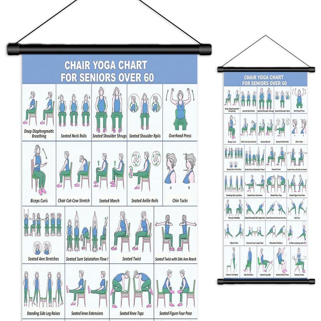 Cartaz de Yoga na Parede 16.8*39.4"-31 Posições para Idosos e Iniciantes – Pôster de Tecido com Barra para Pendurar e Co