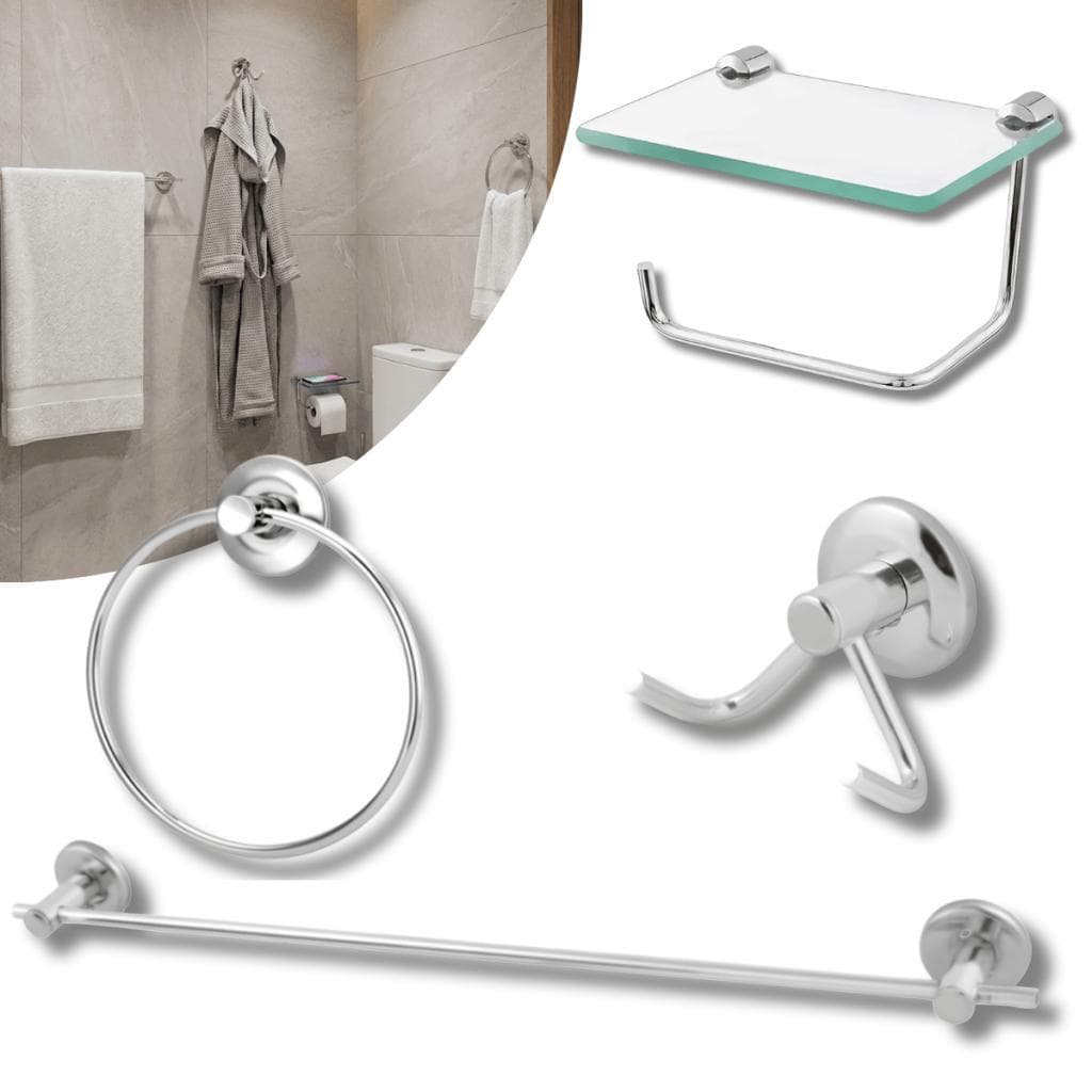 Kit de Acessórios para Banheiro em Inox 04 Peças com Papeleira Suporte para Celular