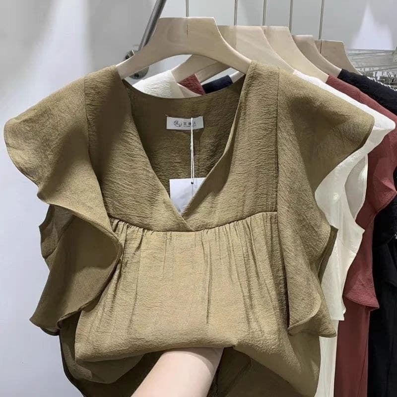Retro francês manga voadora com decote em V Chiffon camisa feminina verão moda babados lindo temperamento camisa pequena
