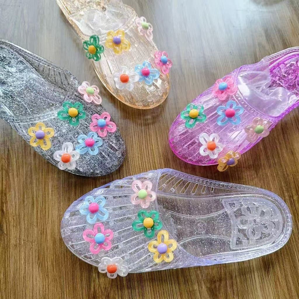 Moda geléia sapatos femininos versão coreana exterior Wear Baotou sapatos flor acessórios plana meia chinelos cristal tr