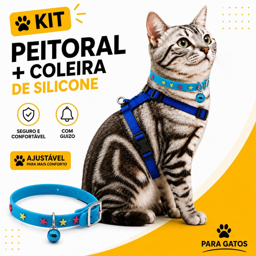 Peitoral para Gato com Coleira Silicone Guizo Kit Ajustável Seguro
