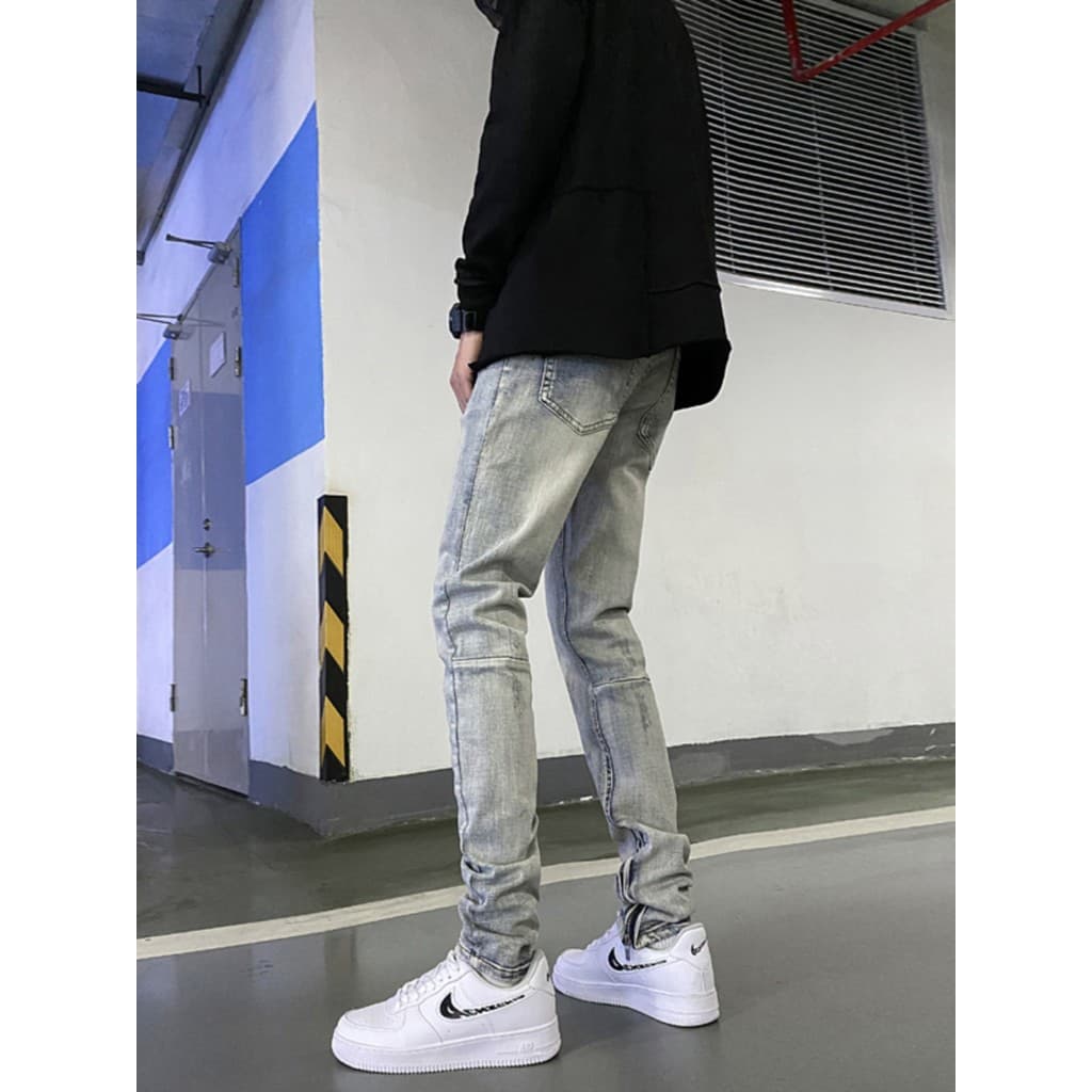 Calças de brim azuis claras masculinas High Street Retro calças casuais masculinas na moda magro-ajuste calças magras no