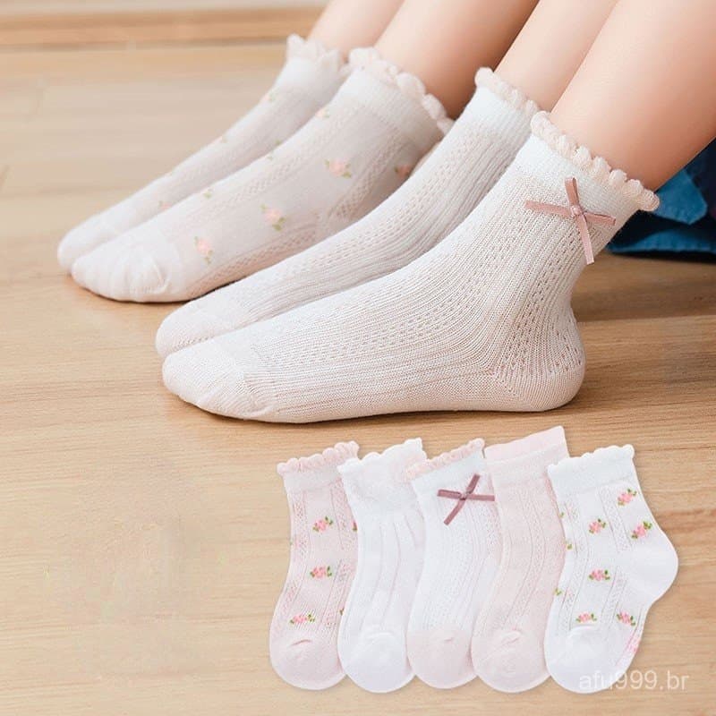 1 Par/5 Pares X PACK Padrão Floral Animal Primavera Verão Malha Fina Meias Esportivas Infantis De Respiráveis