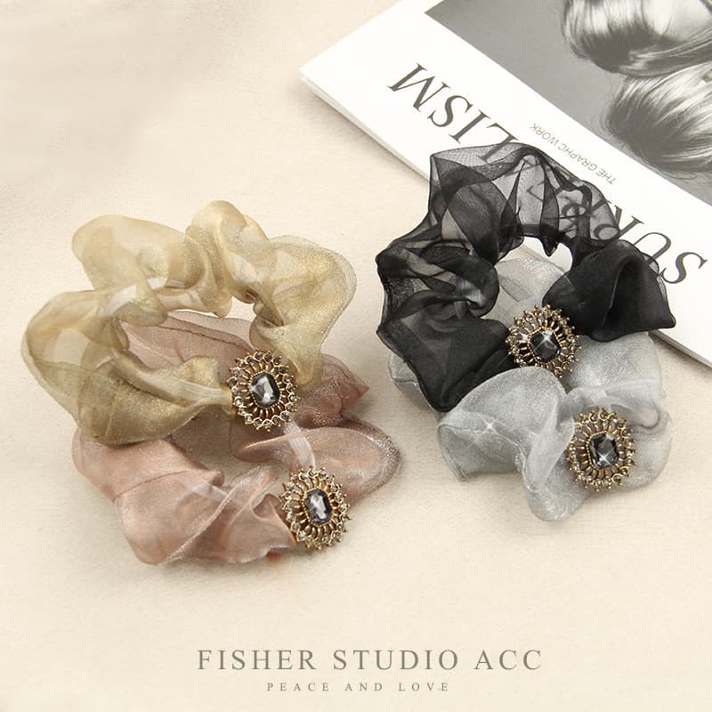 Retro francês strass Organza Scrunchy corda de cabelo tecido faixa de cabelo feminino faixa de borracha estilo coreano r