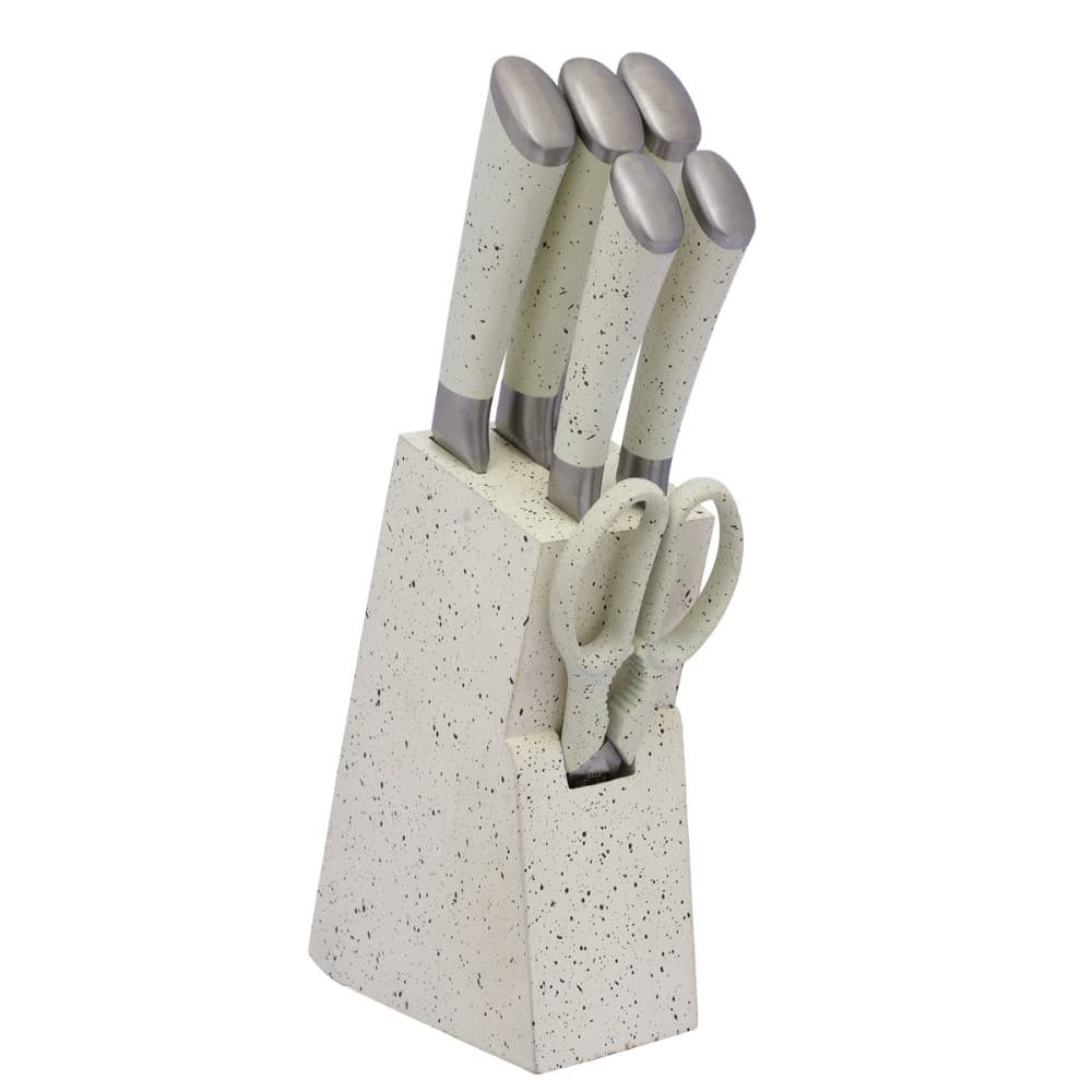 Jogo de Facas 6 Peças Aço Inox + Tesoura + Base Decorativa