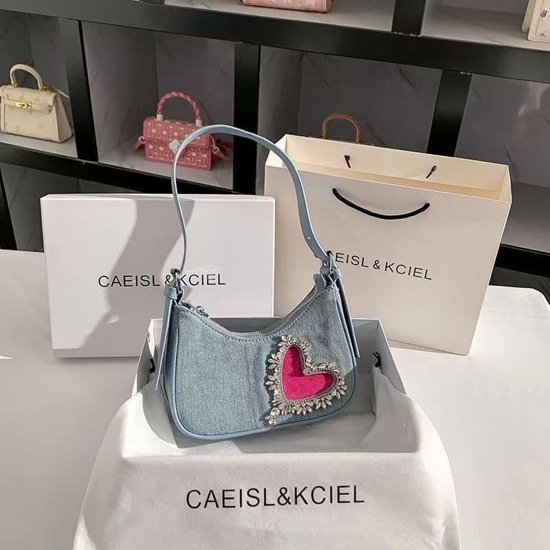 Denim borla coração axilas saco feminino 2023 novo estilo francês nicho Design High-End strass bolsa de ombro na moda