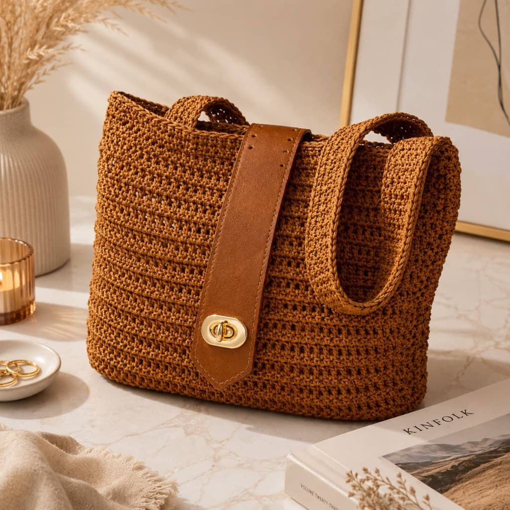 Kit Bolsa Crochê 3 Peças Tampa com Fecho Bolso Zíper e Fundo Sintético Acabamento Reforçado Elegante