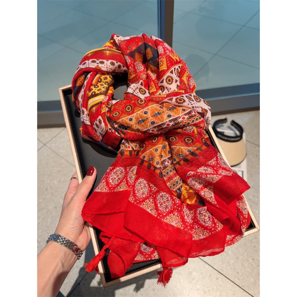 Lenço de seda estilo étnico vermelho feminino primavera verão viagem à beira-mar protetor solar xale outono fino algodão