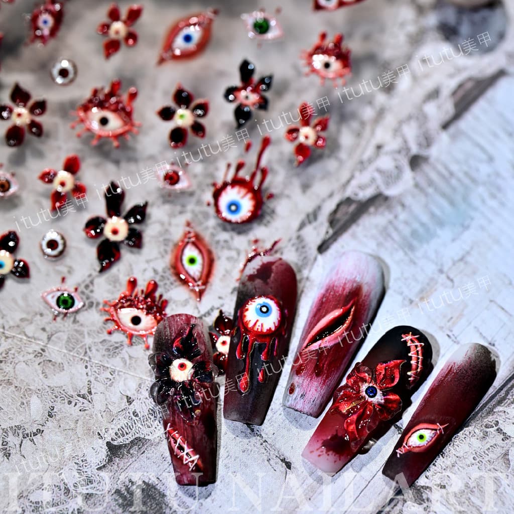Novo olho estranho em relevo Manicure adesivo vento escuro dor prego sangue olhos diabo flor padrão