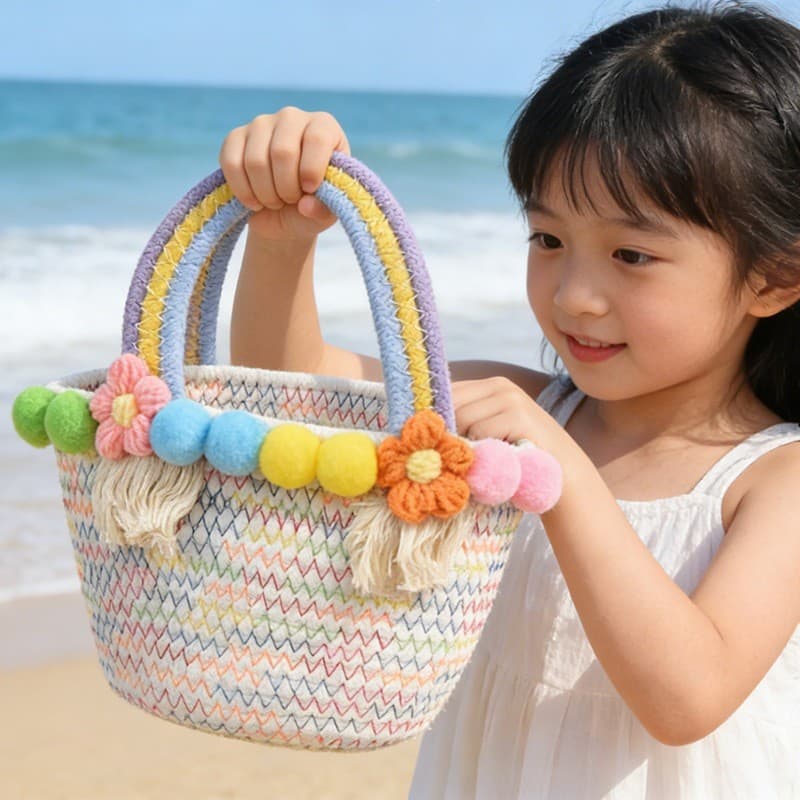 Bolsa de palha, bolsa de nicho coreana, bolsa de mão para mulheres, bolsa de corda de algodão, bolsa de praia, cor dopam