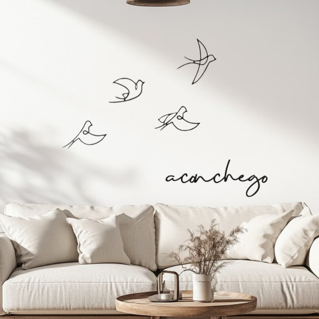 frases decorativas para paredes Aconchego Minimalista + Kit 4 Esculturas Pássaros Vazados Sala