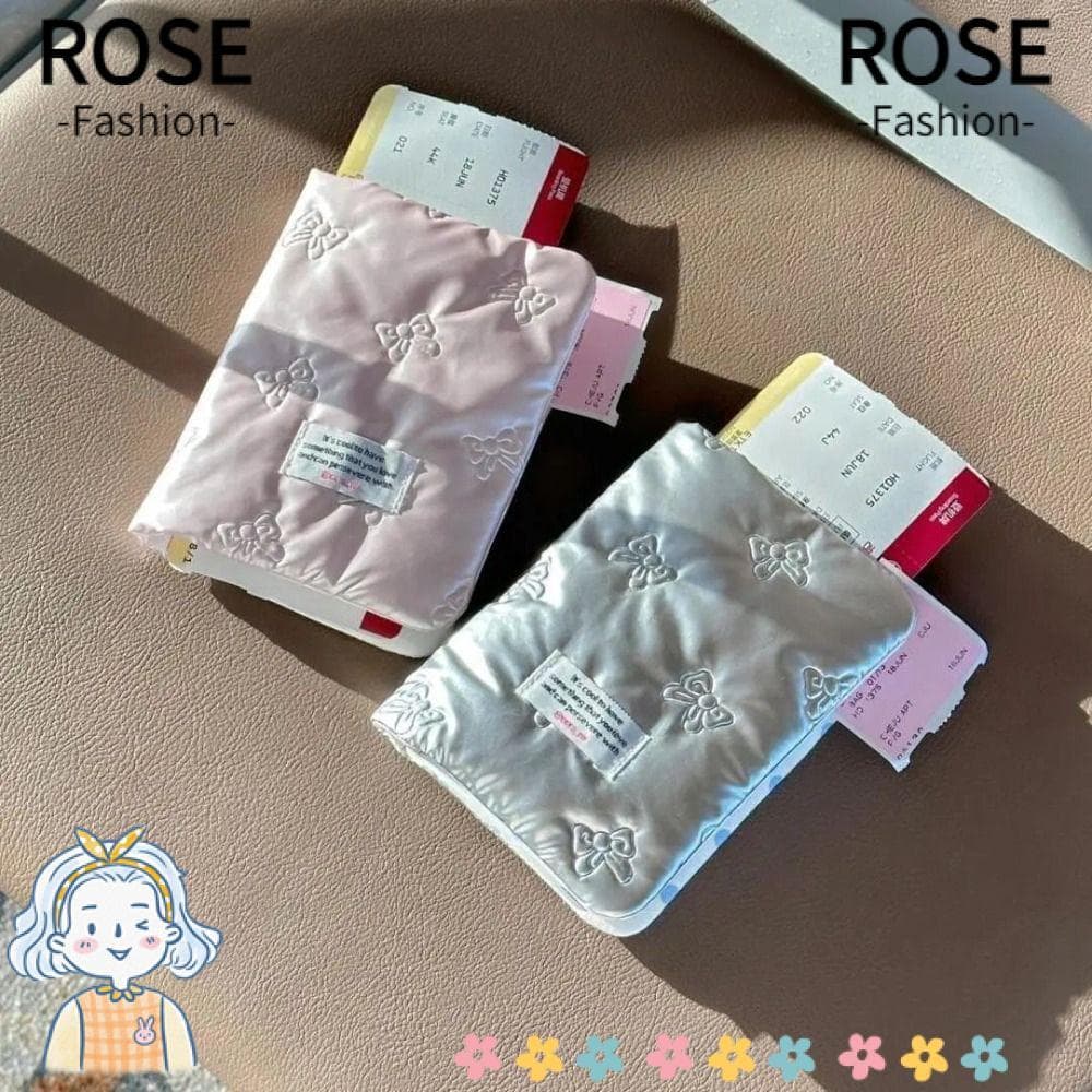 Capa Para Passaporte ROSEGOODS , Bolsa Com Certificados Laço Prateado Rosa , Porta-Cartões Multifuncional