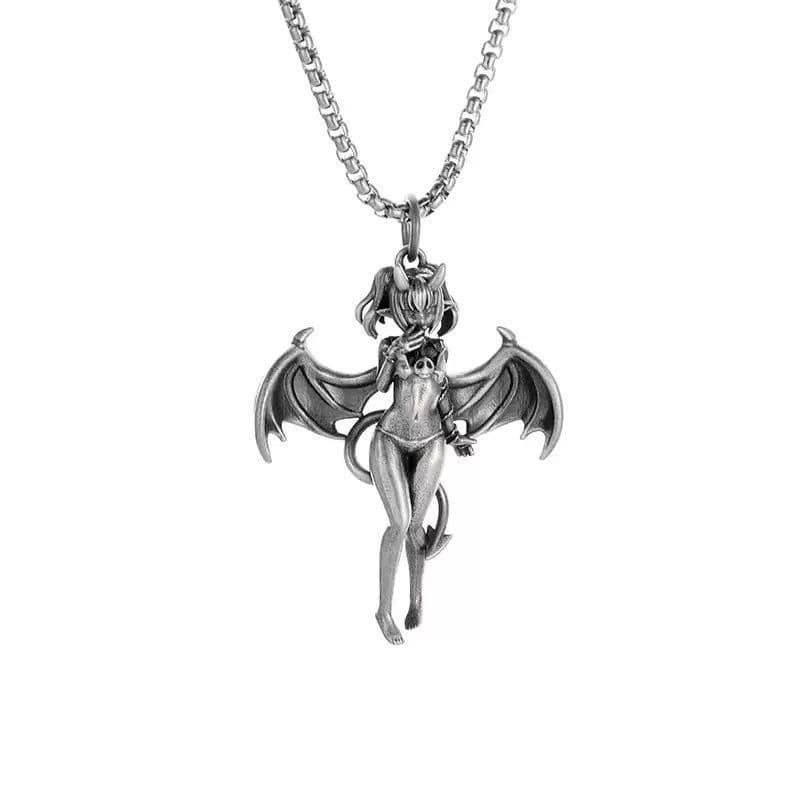 Gótico Succubus Diabo Menina Pingente Colar De Aço Inoxidável Corrente Morcego Asa Demônio Senhora Punk Hip Hop Escuro E