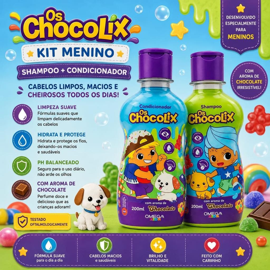 Kit Shampoo e Condicionador Chocolix Menino Omega Kids 2x200ml Chocolate - Infantil