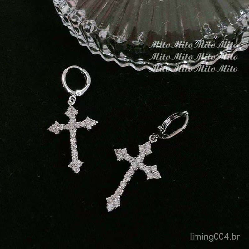 Brincos de cruz de zircônia completa, clipes de orelha, brincos de personalidade com estilo descolado