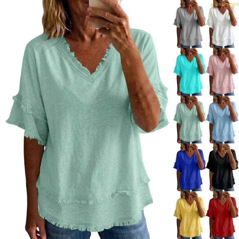 gotitonmegot Camisetas Casuais Curta Decote V Para, Blusas Soltas, Modernas, Básicas Negó