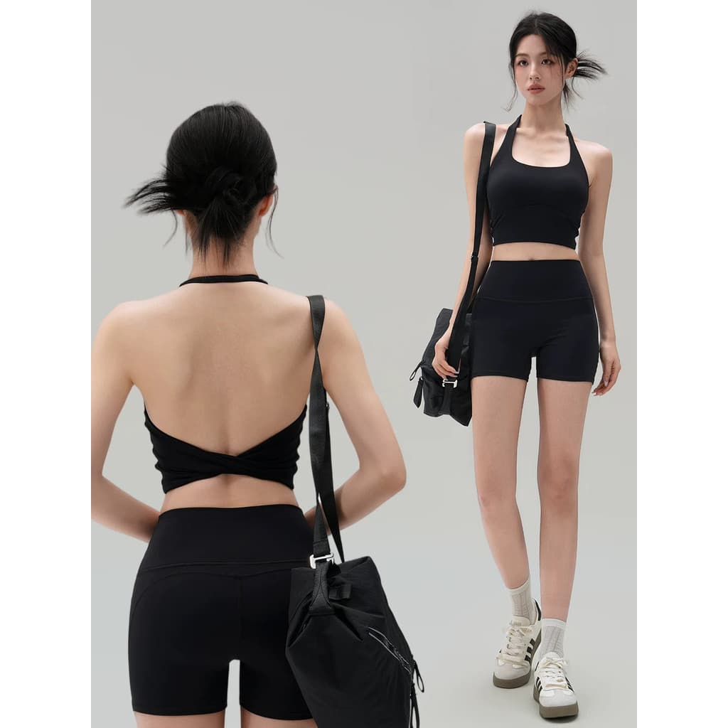 Estilo menina quente halter pescoço bela volta Yoga roupa interior feminina preto halter nó estilo de uma peça pode usar