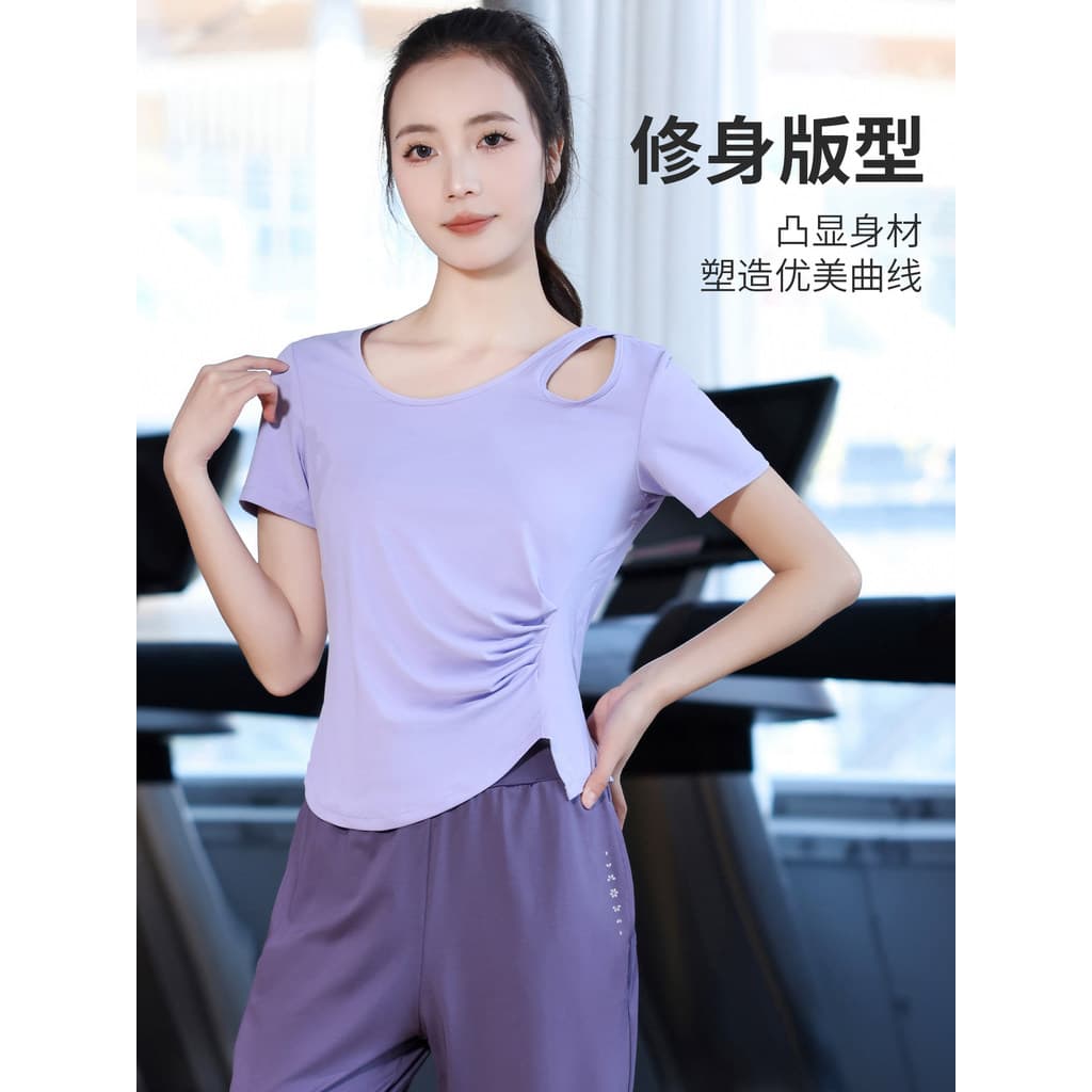 Camiseta de Yoga de secagem rápida feminina verão novo estilo oco ombro onda de água plissado fino ajuste mais magro olh