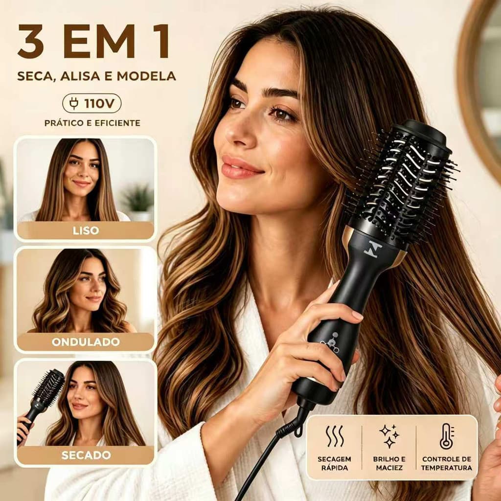 Escova 3 Em 1 Profissional 1500w Seca Rápido Alisa Modela Modelador de cachos Escova Modeladora Secadora de Cabelo