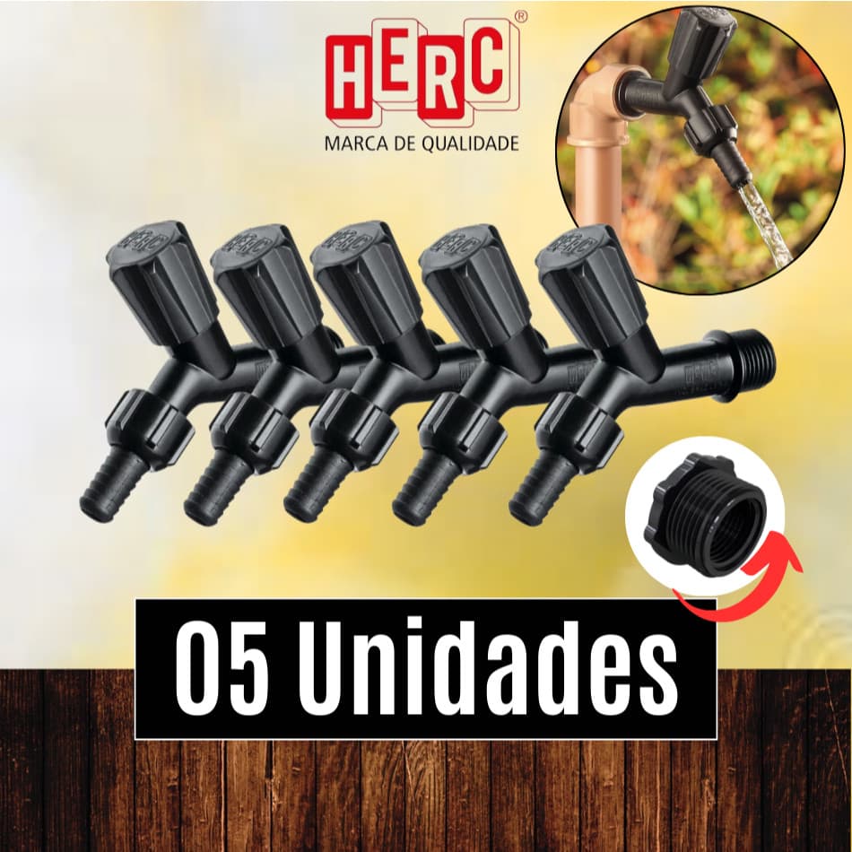 PCT de 05 Unds Torneira p/ Jardim e áreas externas PVC 1/2 c/ adaptador 3/4 e Bico Preta - HERC